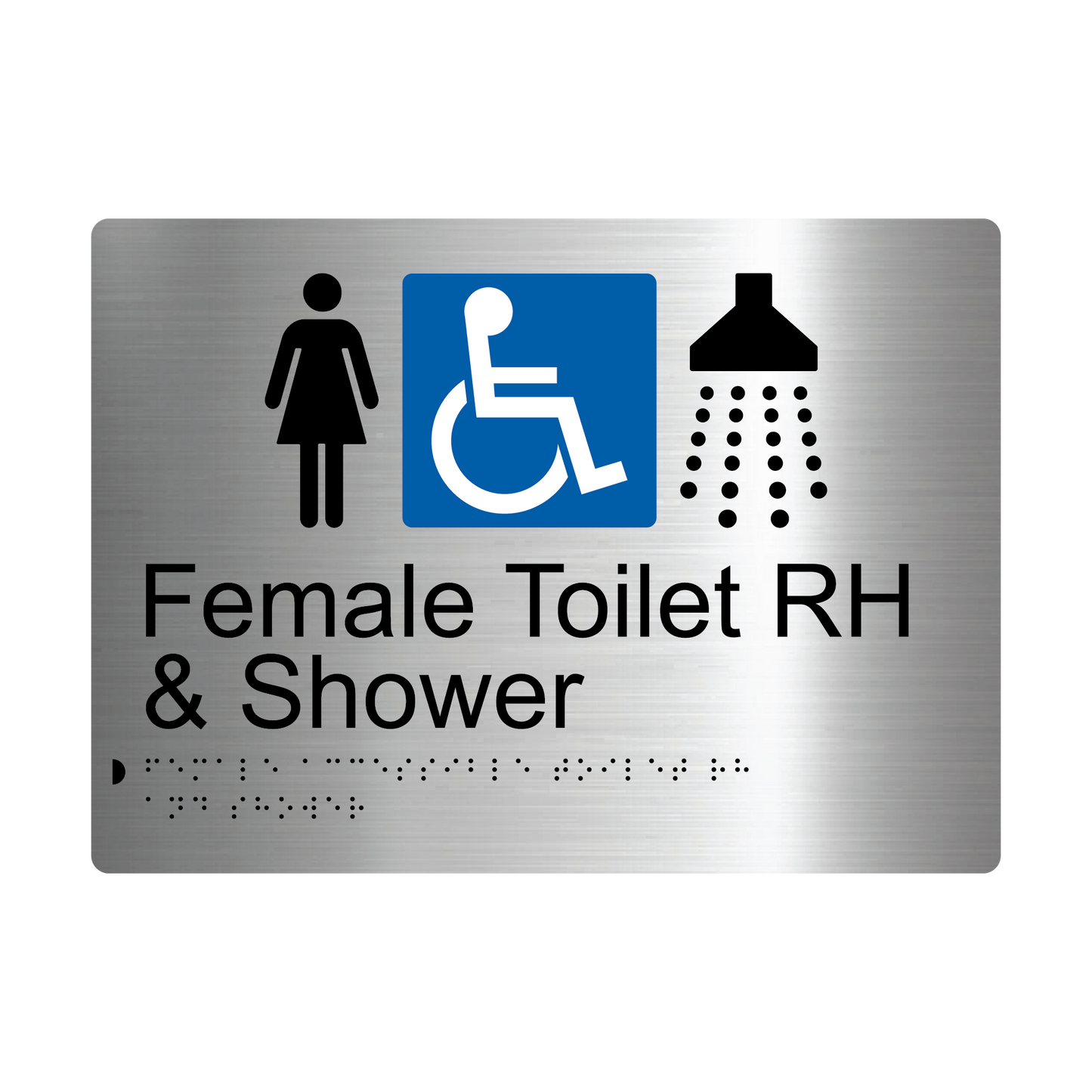 Female Accessible Toilet RH & Shower Braille Sign - Black - Express Post Series