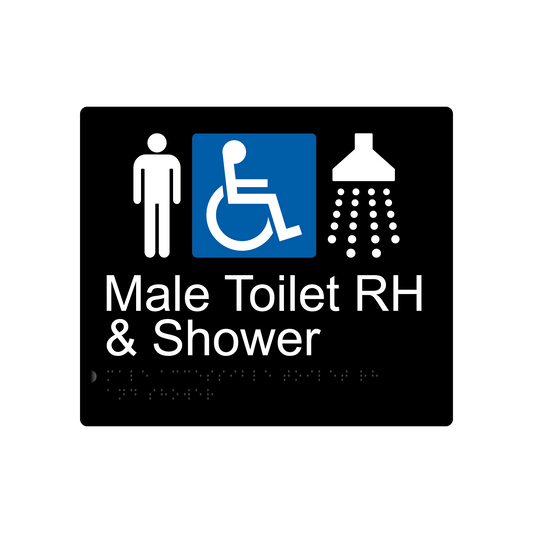 Male Accessible Toilet RH & Shower Braille Sign - Black - Express Post Series